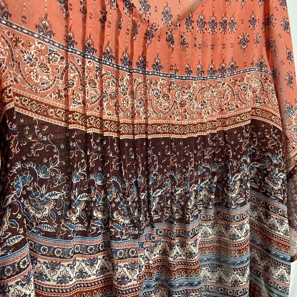 Style & Co Womenʻs Burgundy Pleated Bell Ruffle Sleeve Boho Top Petite Large